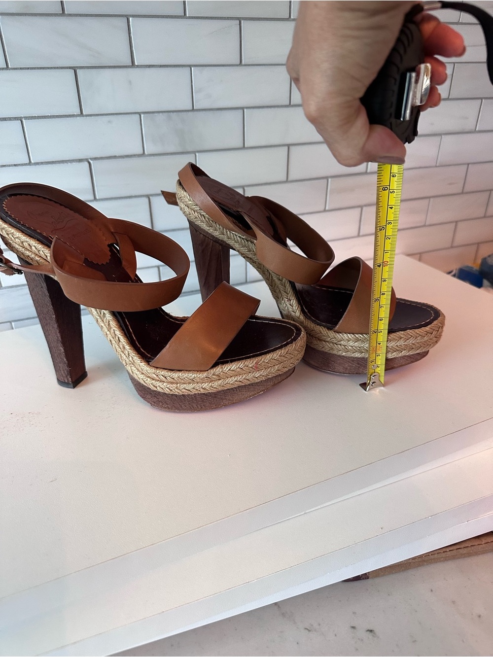 Christian Louboutin Tan Leather Espadrille Platform Wedge Sandals - Picture 6 of 6